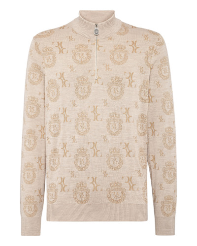 Wool Silk Jacquard Zip Mock Pullover