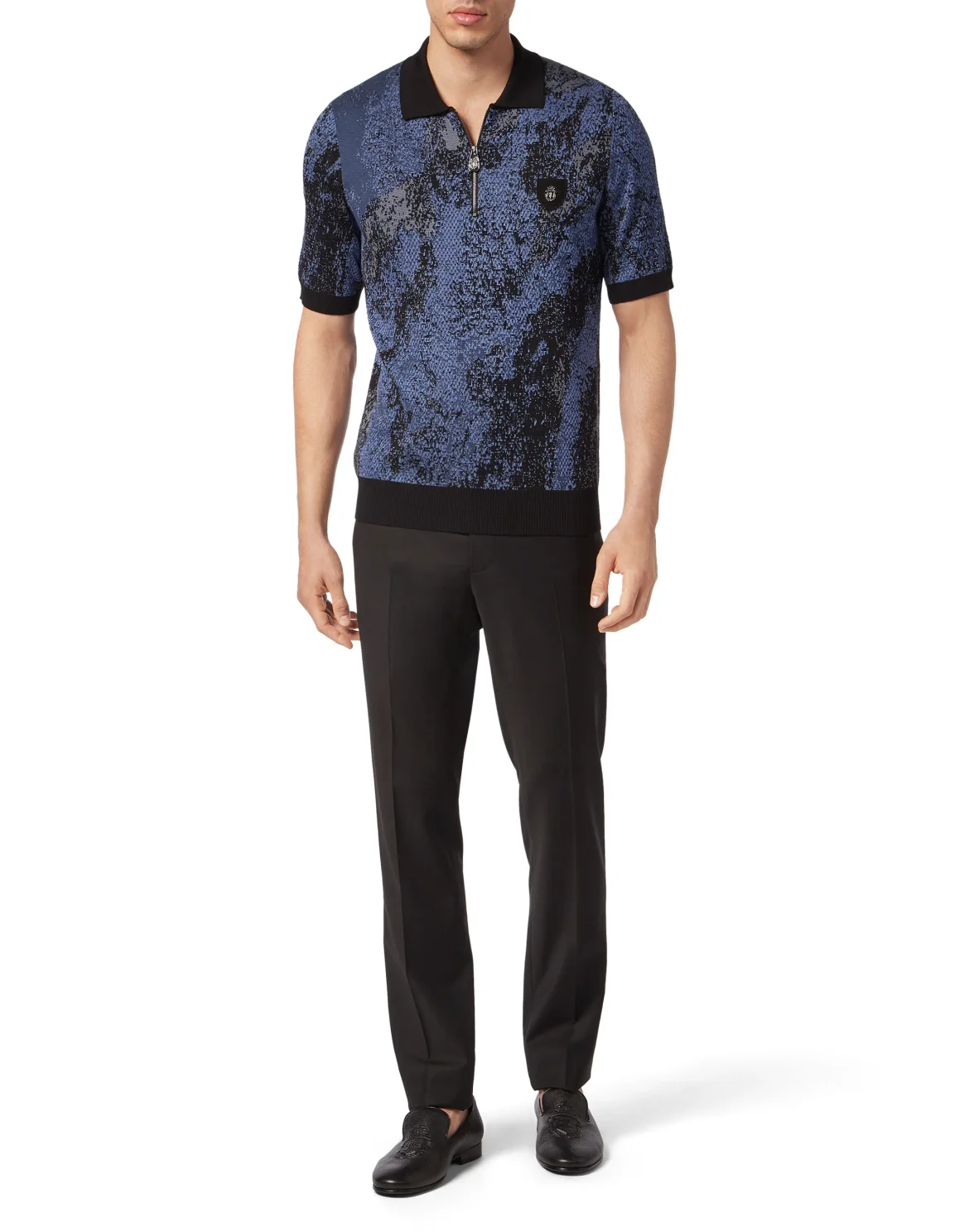 Jacquard Cotton Wool Zipped Polo Shirt, цвет: Черный