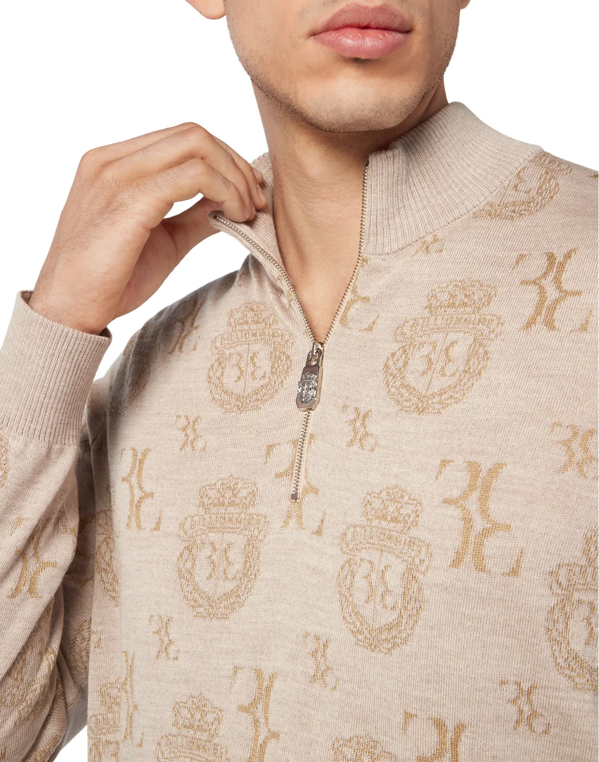 Wool Silk Jacquard Zip Mock Pullover, цвет: Бежевый