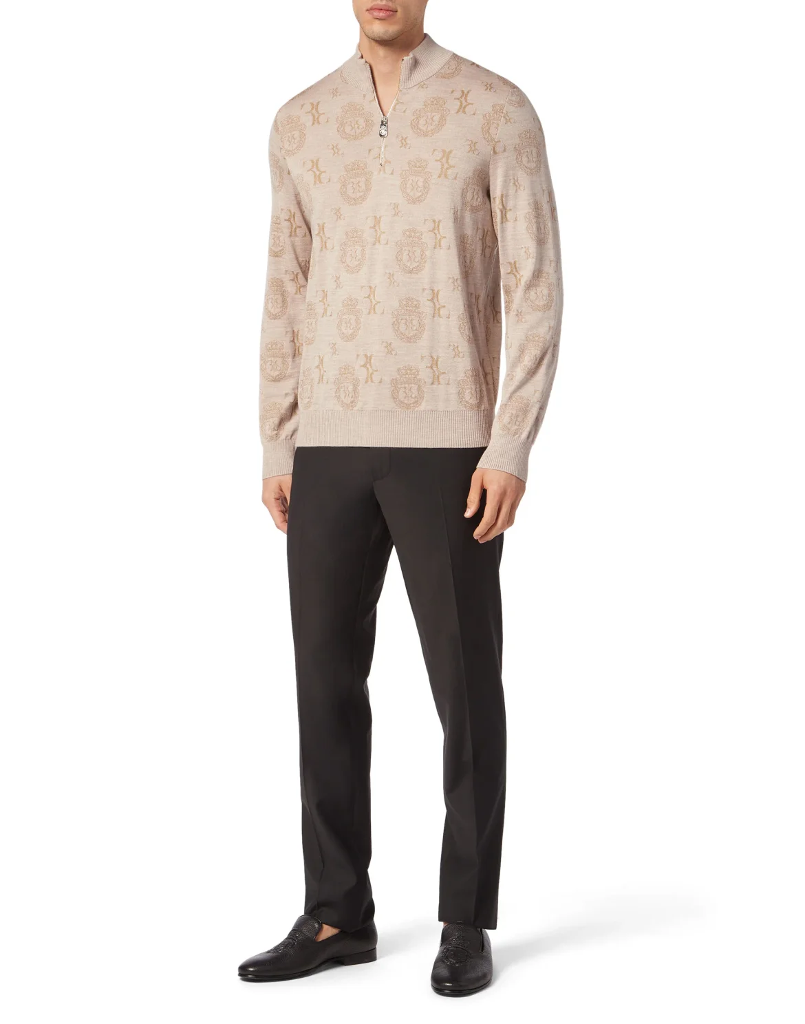 Wool Silk Jacquard Zip Mock Pullover, цвет: Бежевый