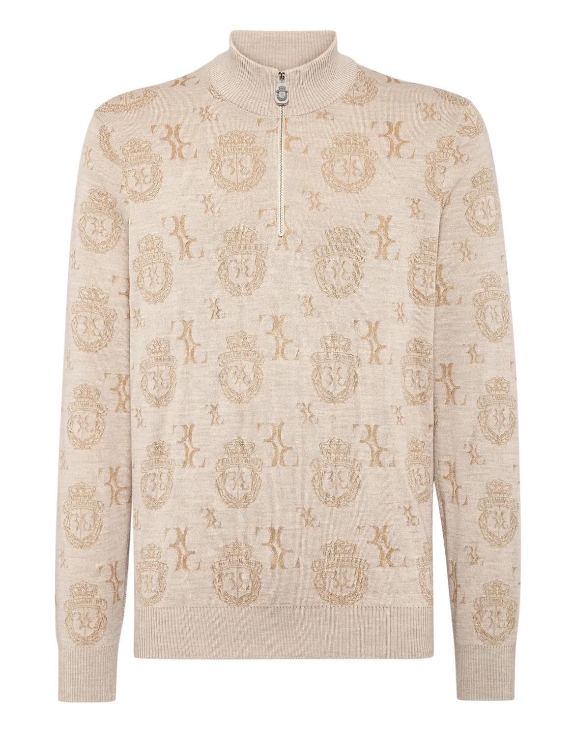 Wool Silk Jacquard Zip Mock Pullover, цвет: Бежевый
