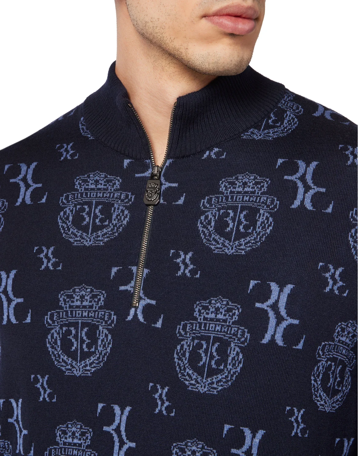 Wool Silk Jacquard Zip Mock Pullover, цвет: Синий