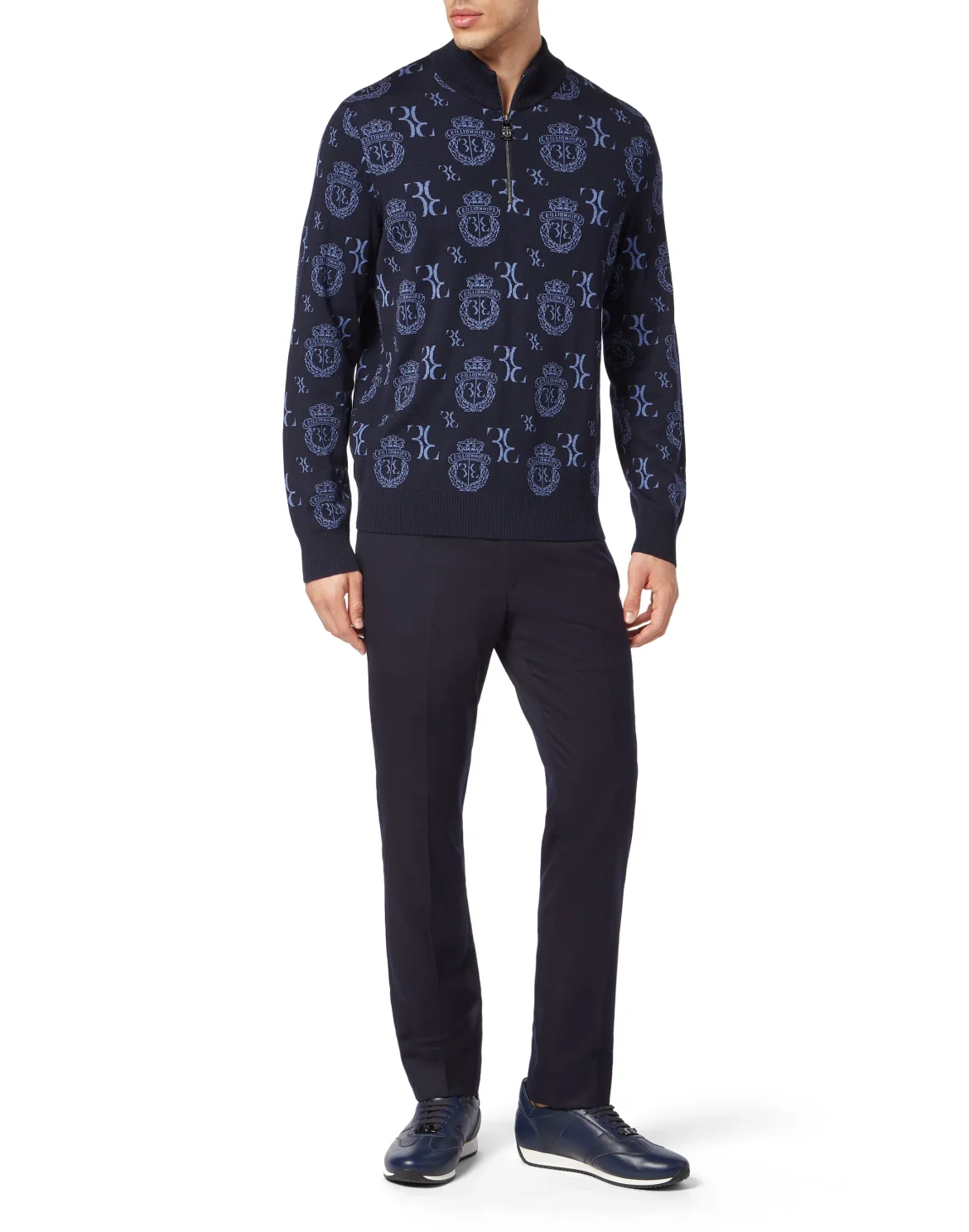 Wool Silk Jacquard Zip Mock Pullover, цвет: Синий