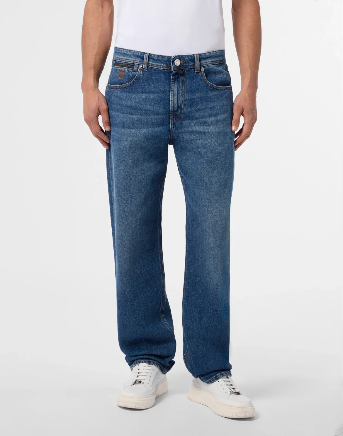Relaxed Fit Jeans Leather Details, цвет: Синий