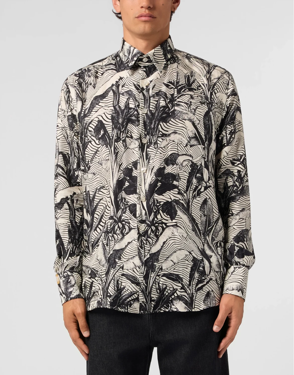 Printed Silk Shirt Palms All-Over, цвет: Бежевый