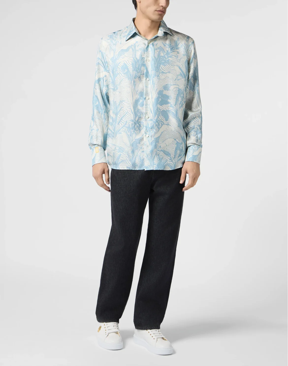 Printed Silk Shirt Palms All-Over, цвет: Синий