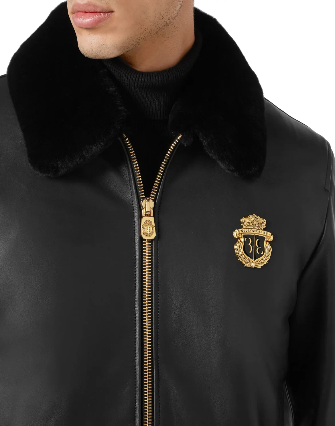 Leather Bomber with Real Fur, цвет: Черный