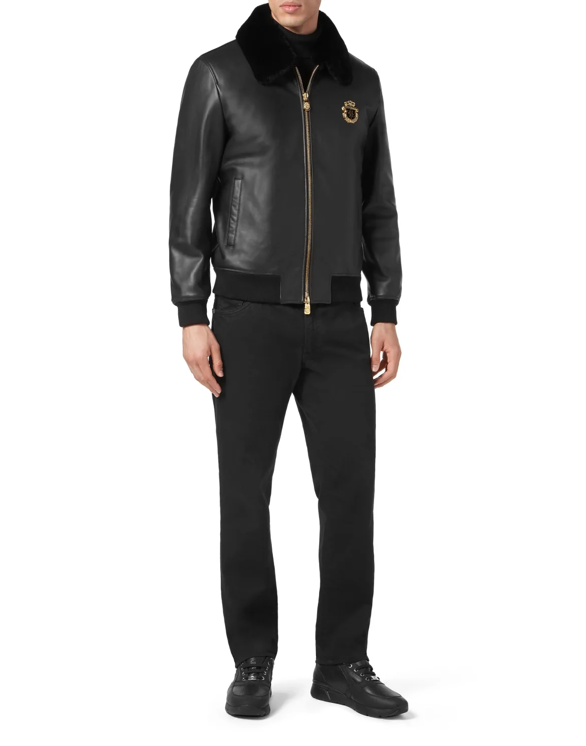 Leather Bomber with Real Fur, цвет: Черный