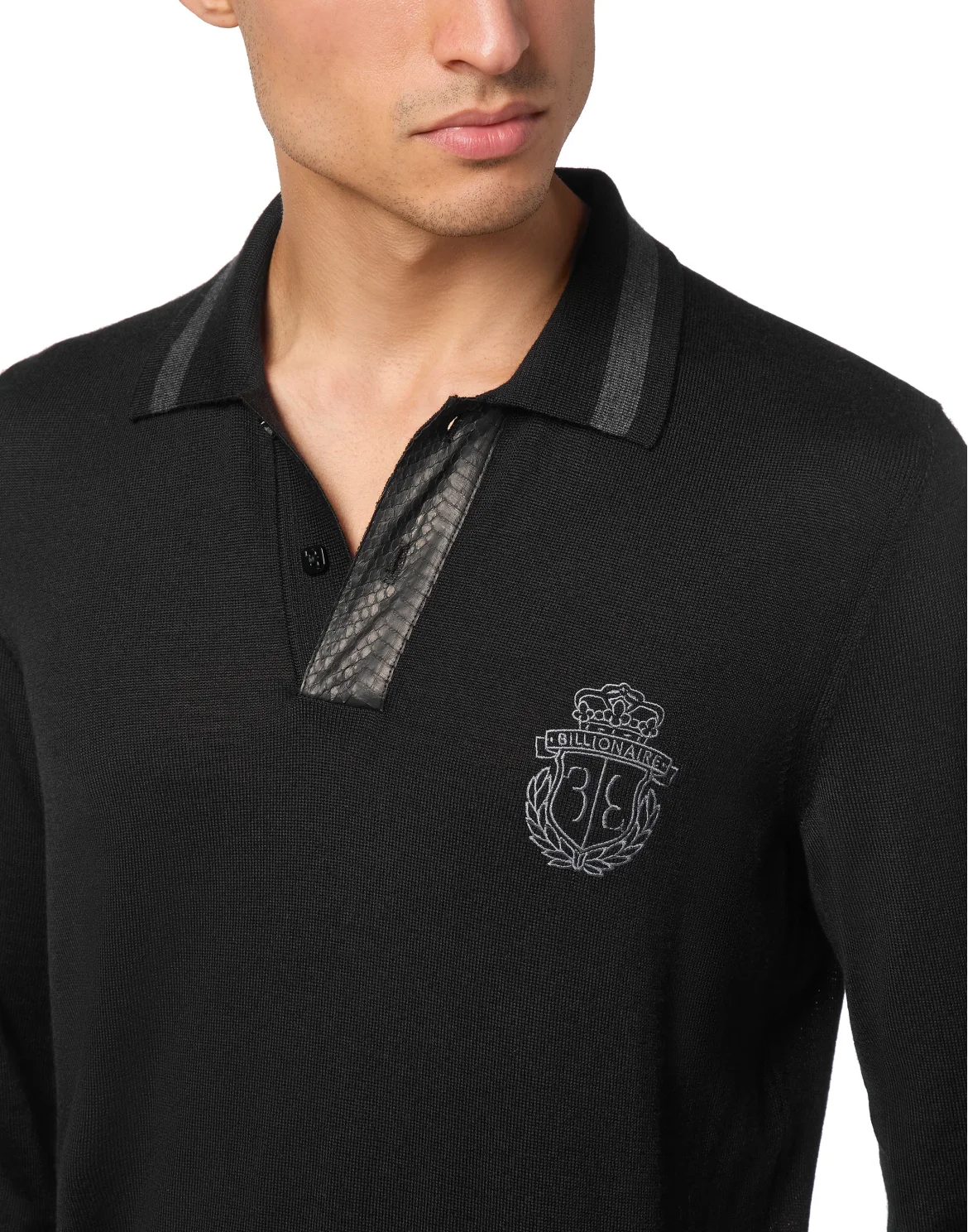 Cashmere & Silk Pullover Polo-Neck LS with Elaphe Inserts, цвет: Черный