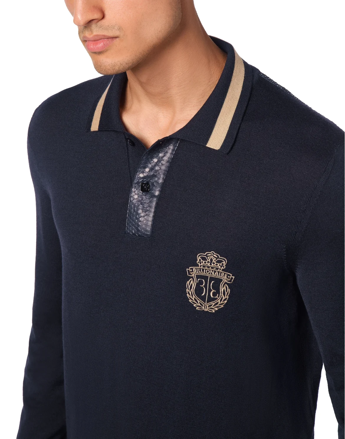 Cashmere & Silk Pullover Polo-Neck LS with Elaphe Inserts, цвет: Синий