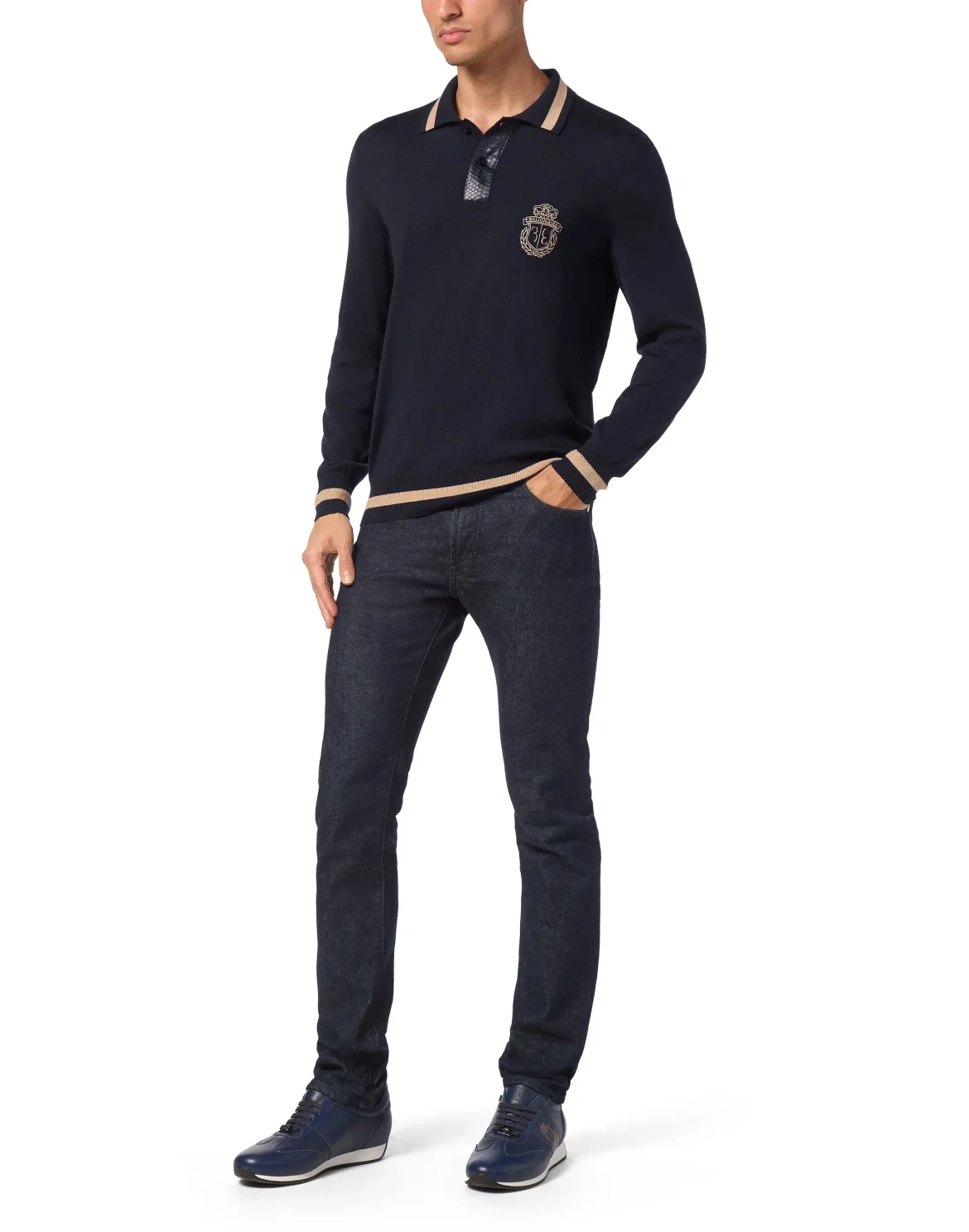 Cashmere & Silk Pullover Polo-Neck LS with Elaphe Inserts, цвет: Синий