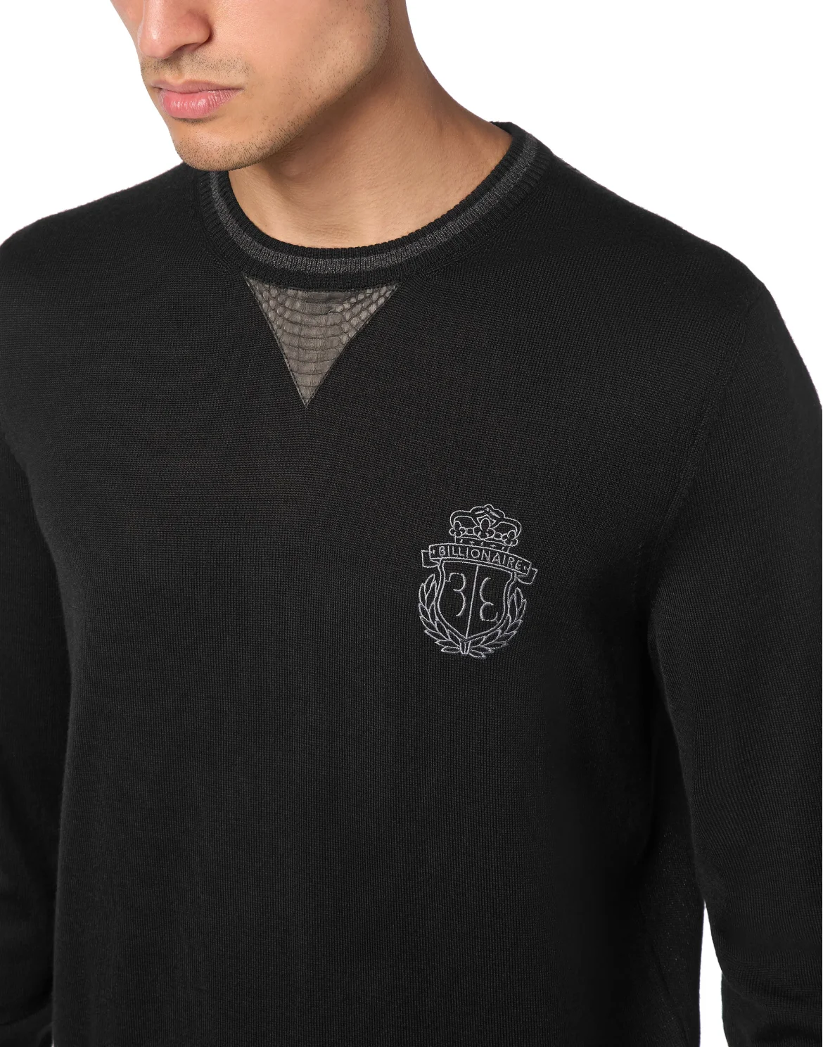 Cashmere & Silk Pullover Round Neck LS with Elaphe Inserts, цвет: Черный