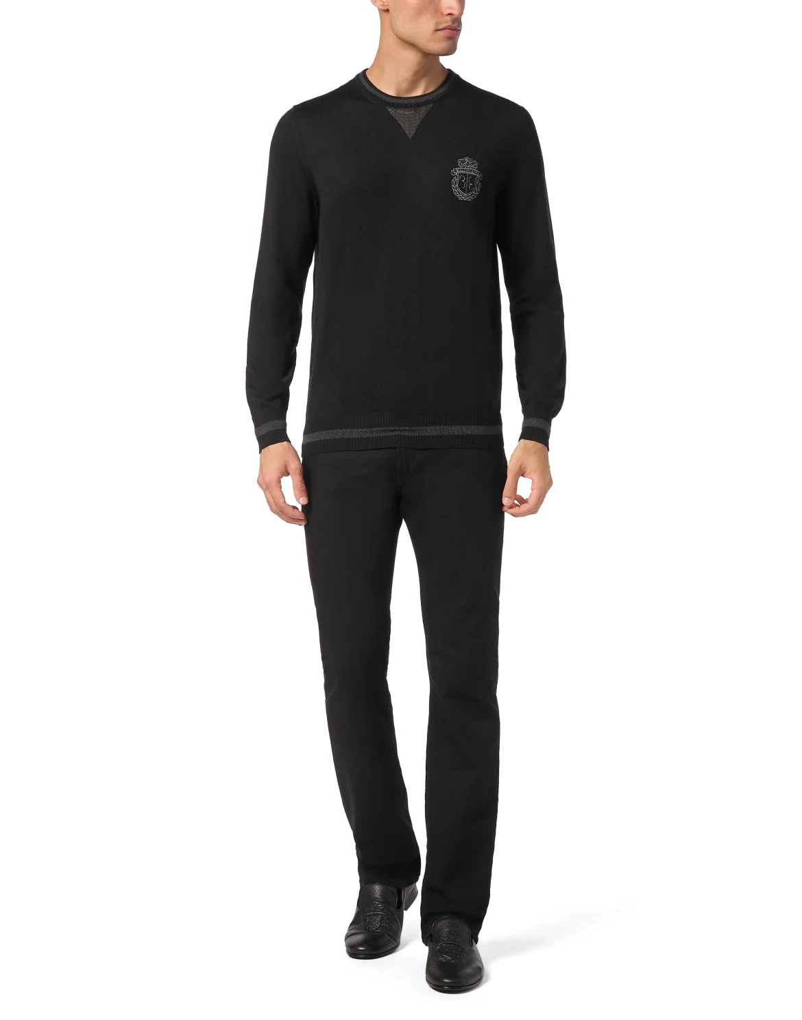 Cashmere & Silk Pullover Round Neck LS with Elaphe Inserts, цвет: Черный