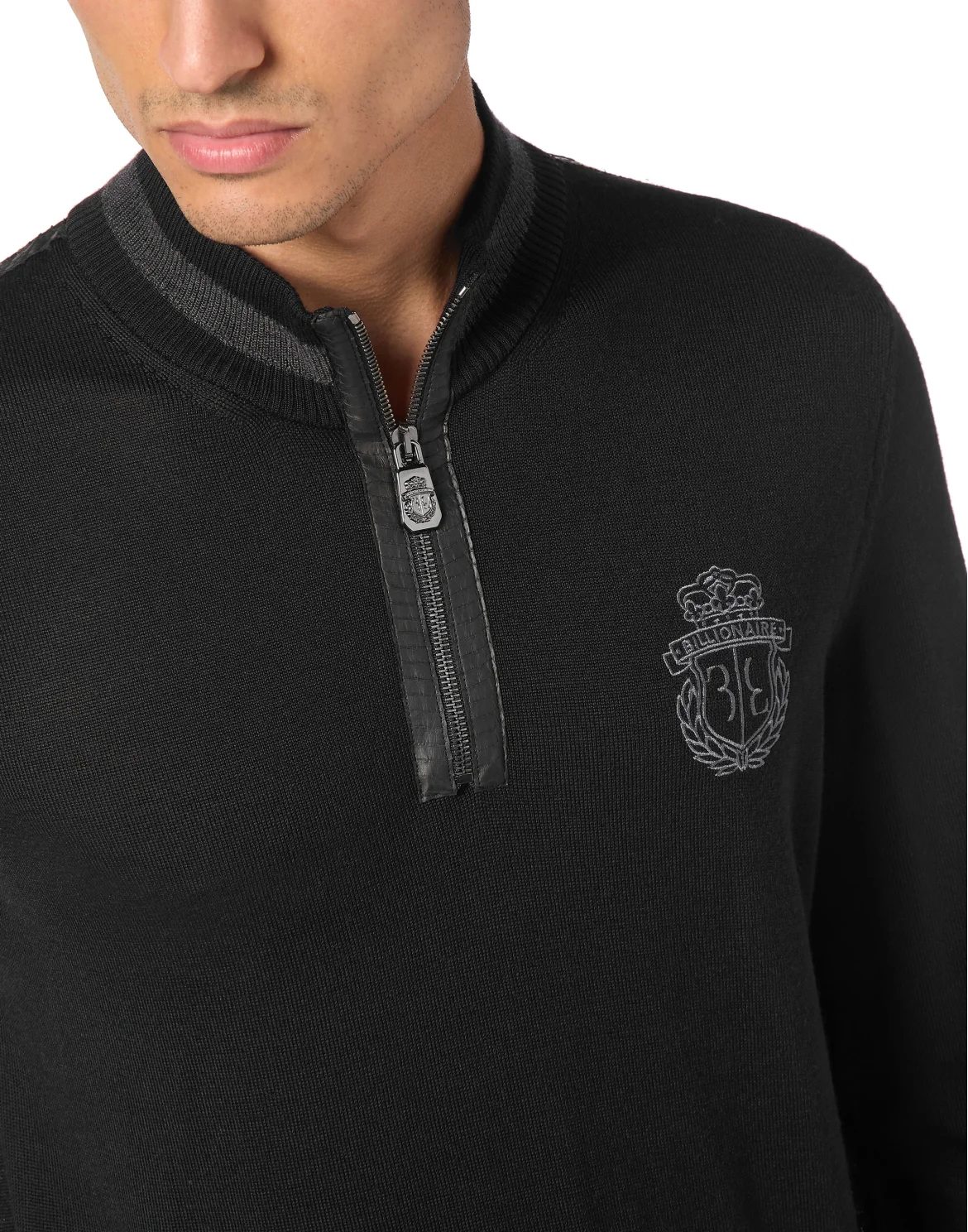 Cashmere & Silk Pullover Zip Mock with Elaphe Inserts, цвет: Черный