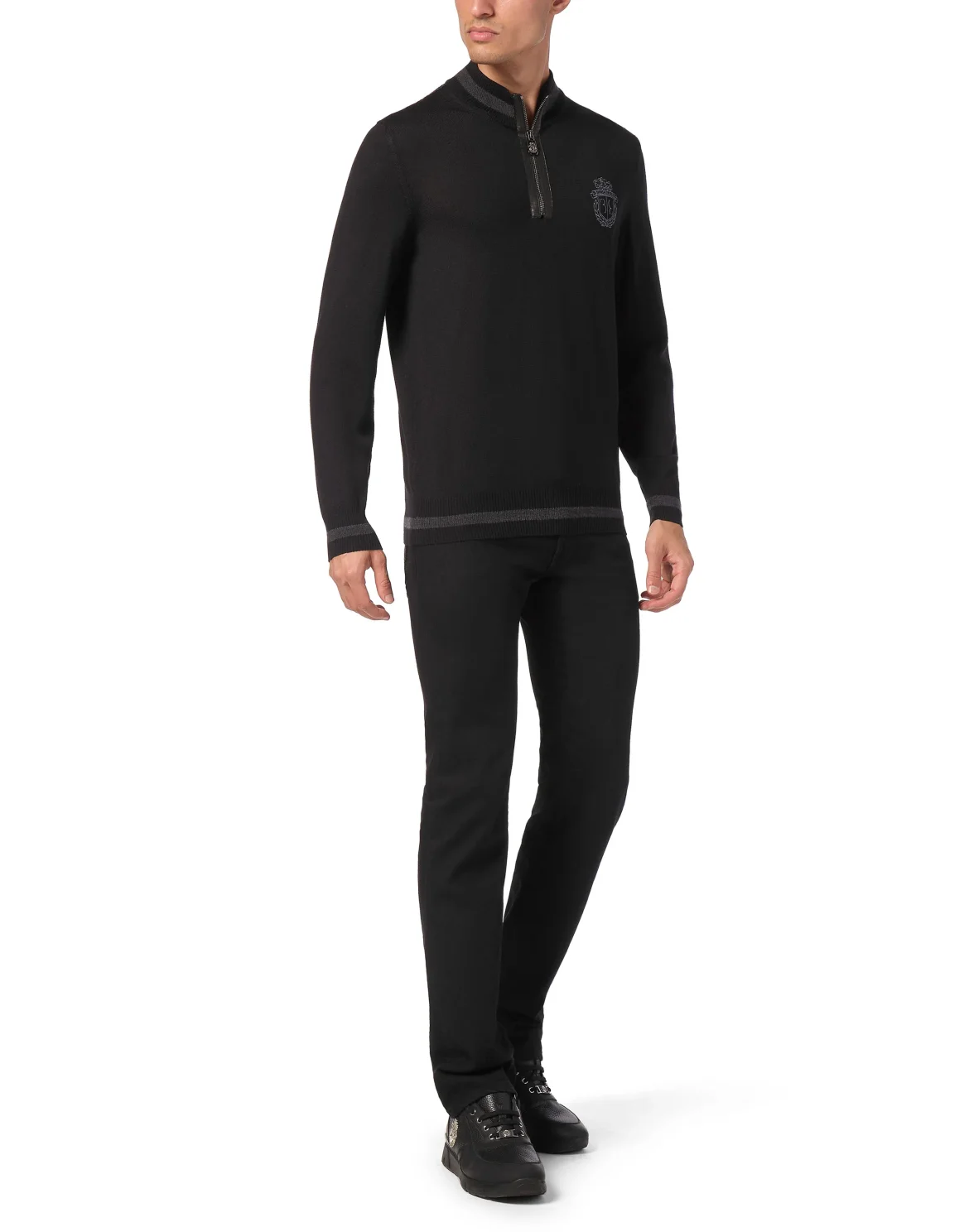 Cashmere & Silk Pullover Zip Mock with Elaphe Inserts, цвет: Черный