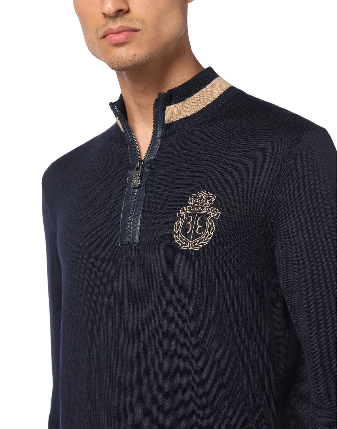 Cashmere & Silk Pullover Zip Mock with Elaphe Inserts, цвет: Синий