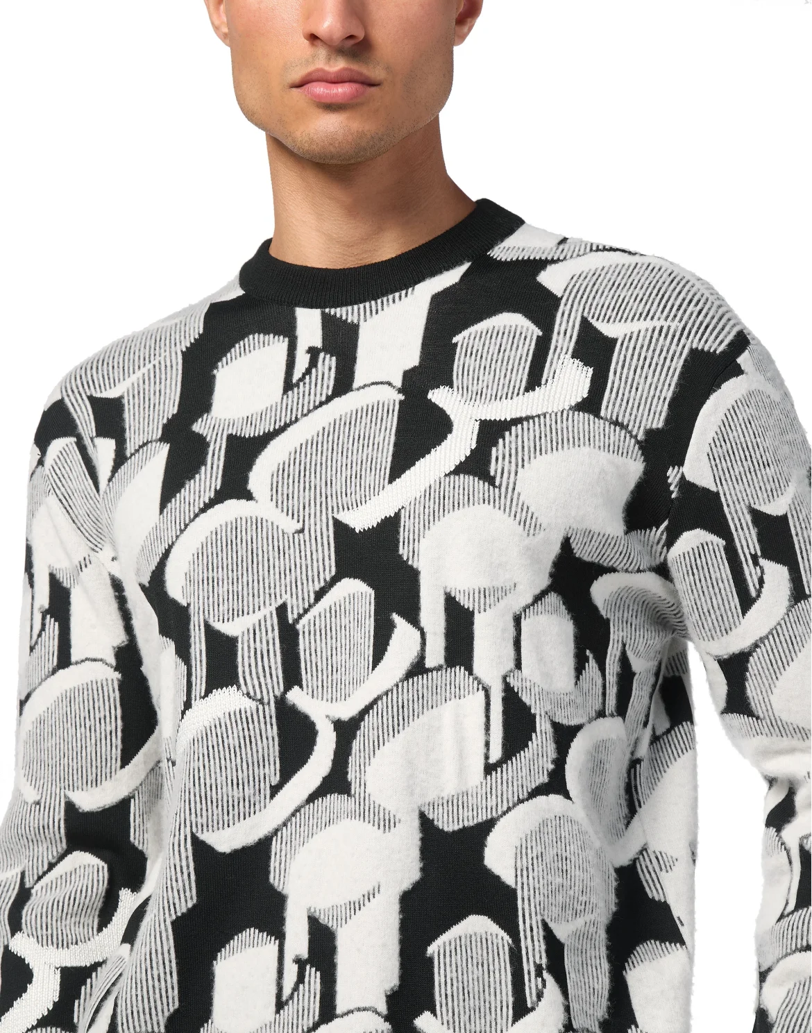Wool Knit Pullover Round Neck LS Jacquard, цвет: Черный