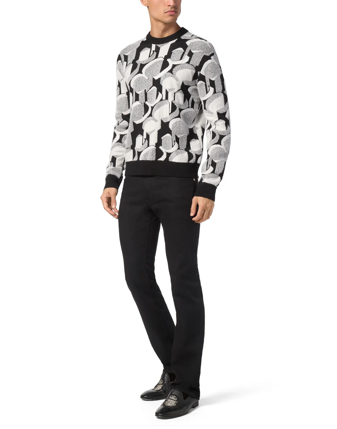 Wool Knit Pullover Round Neck LS Jacquard, цвет: Черный