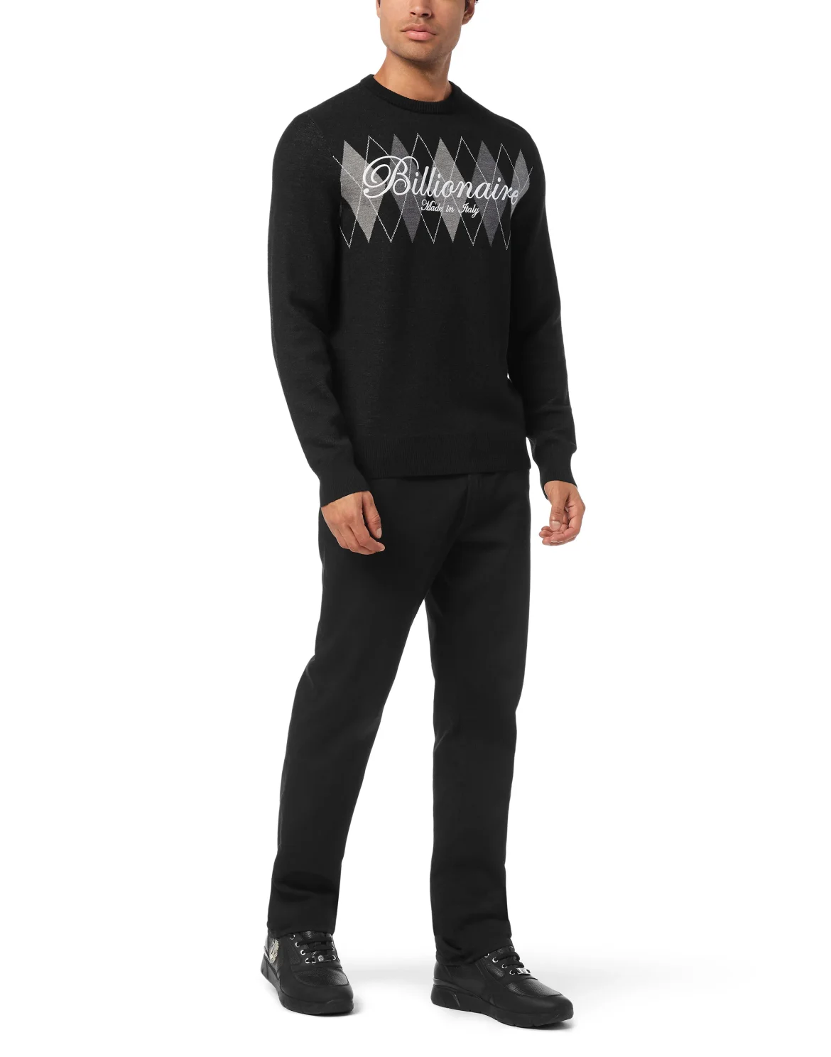 Embroidered Cotton Cashmere Round Neck Pullover Diamonds, цвет: Черный