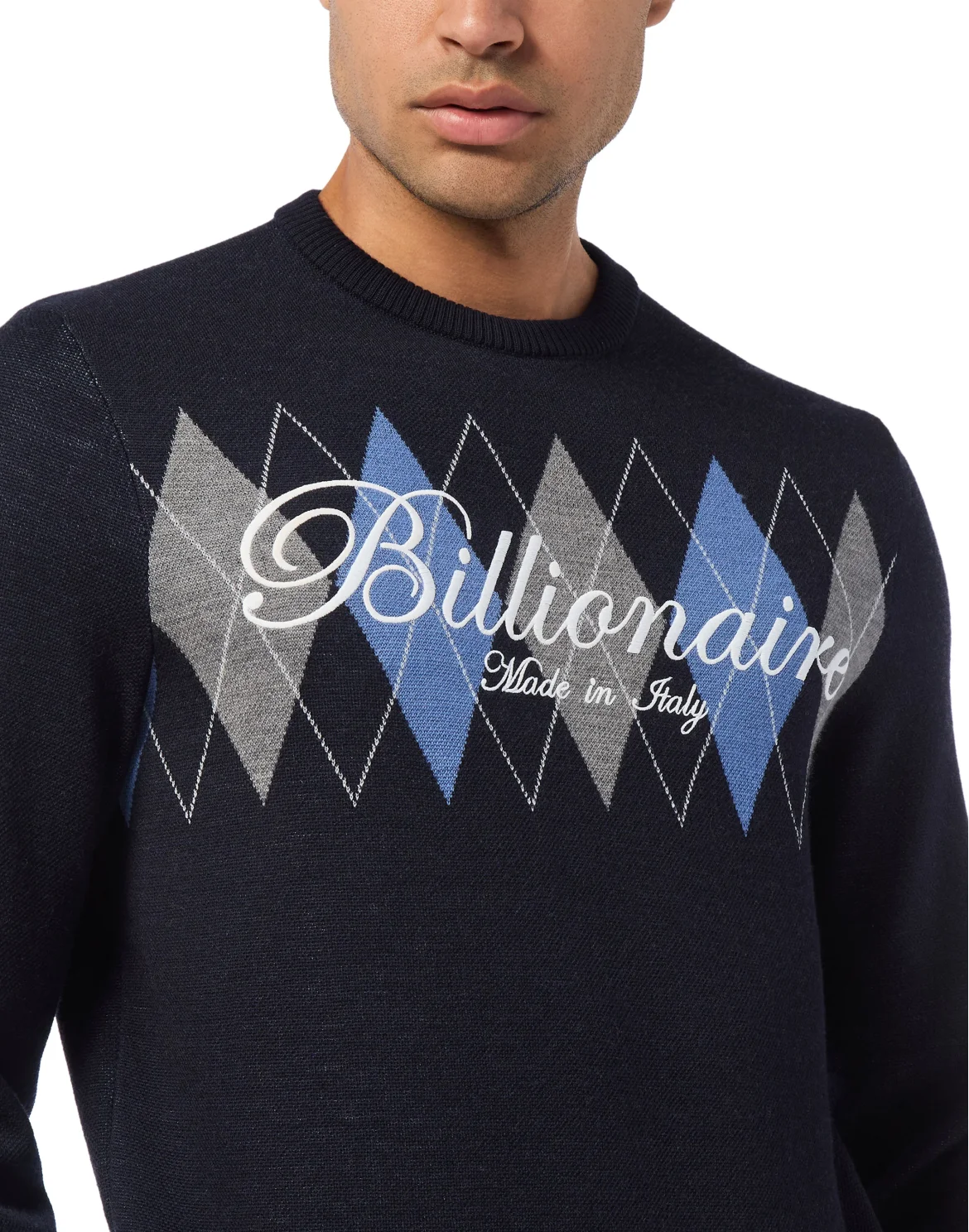 Embroidered Cotton Cashmere Round Neck Pullover Diamonds, цвет: Синий