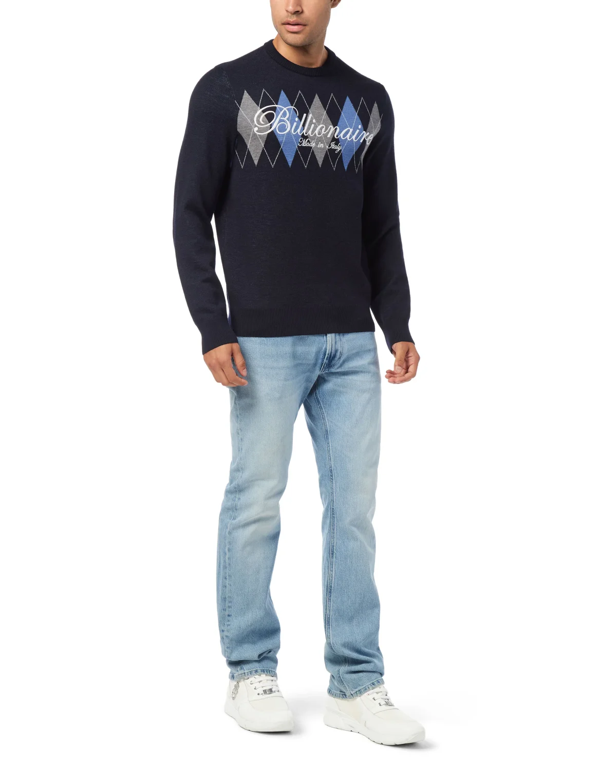 Embroidered Cotton Cashmere Round Neck Pullover Diamonds, цвет: Синий