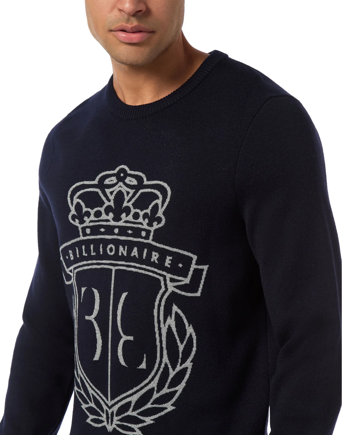 Embroidered Cotton Round Neck Pullover Lurex, цвет: Синий