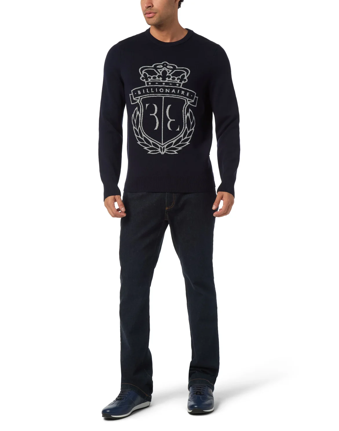 Embroidered Cotton Round Neck Pullover Lurex, цвет: Синий