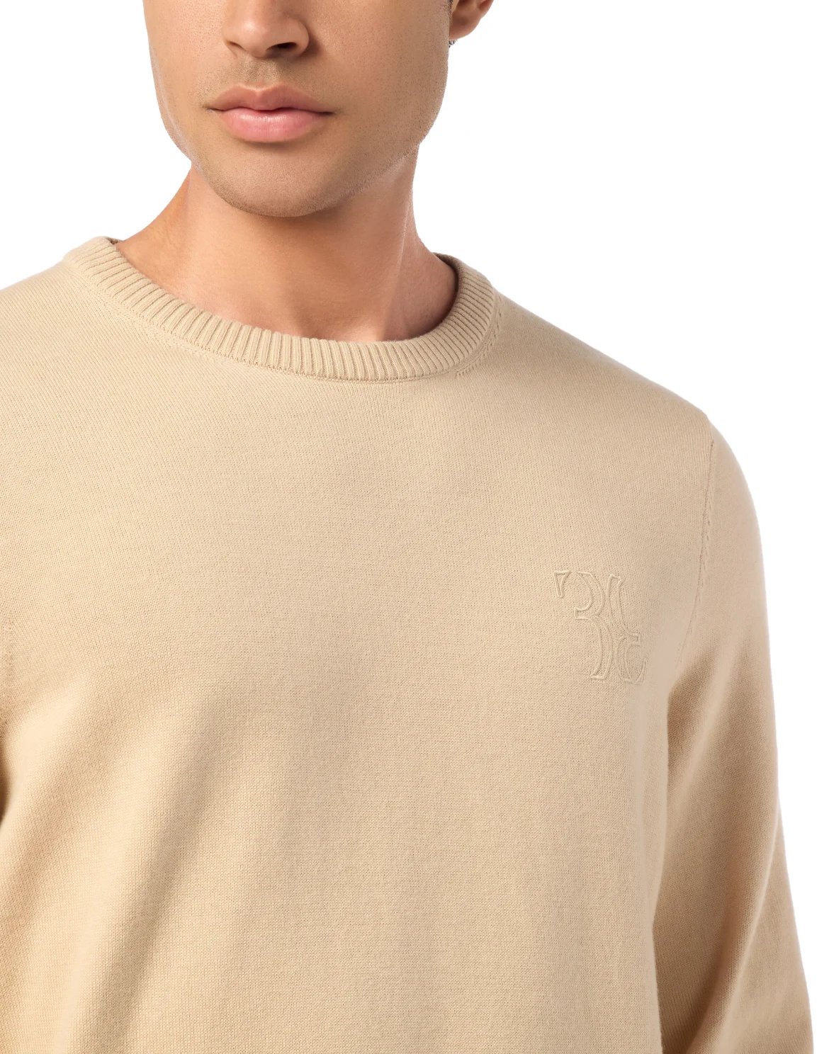 Embroidered Cotton Cashmere Round Neck Pullover, цвет: Бежевый