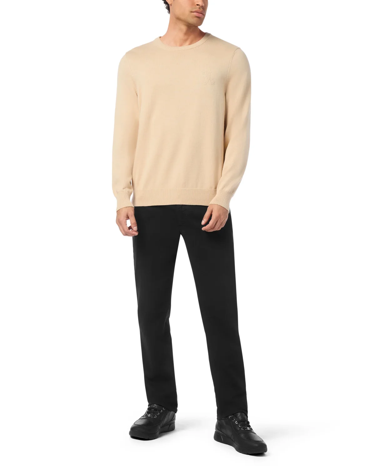Embroidered Cotton Cashmere Round Neck Pullover, цвет: Бежевый