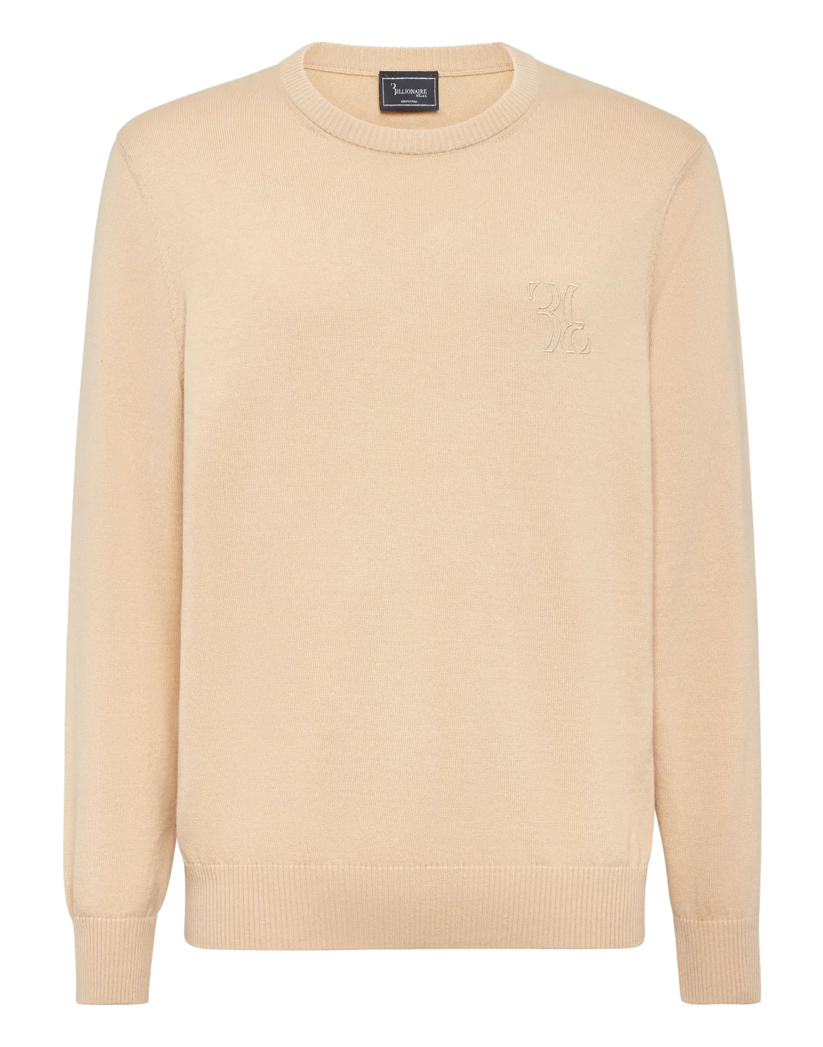 Embroidered Cotton Cashmere Round Neck Pullover, цвет: Бежевый