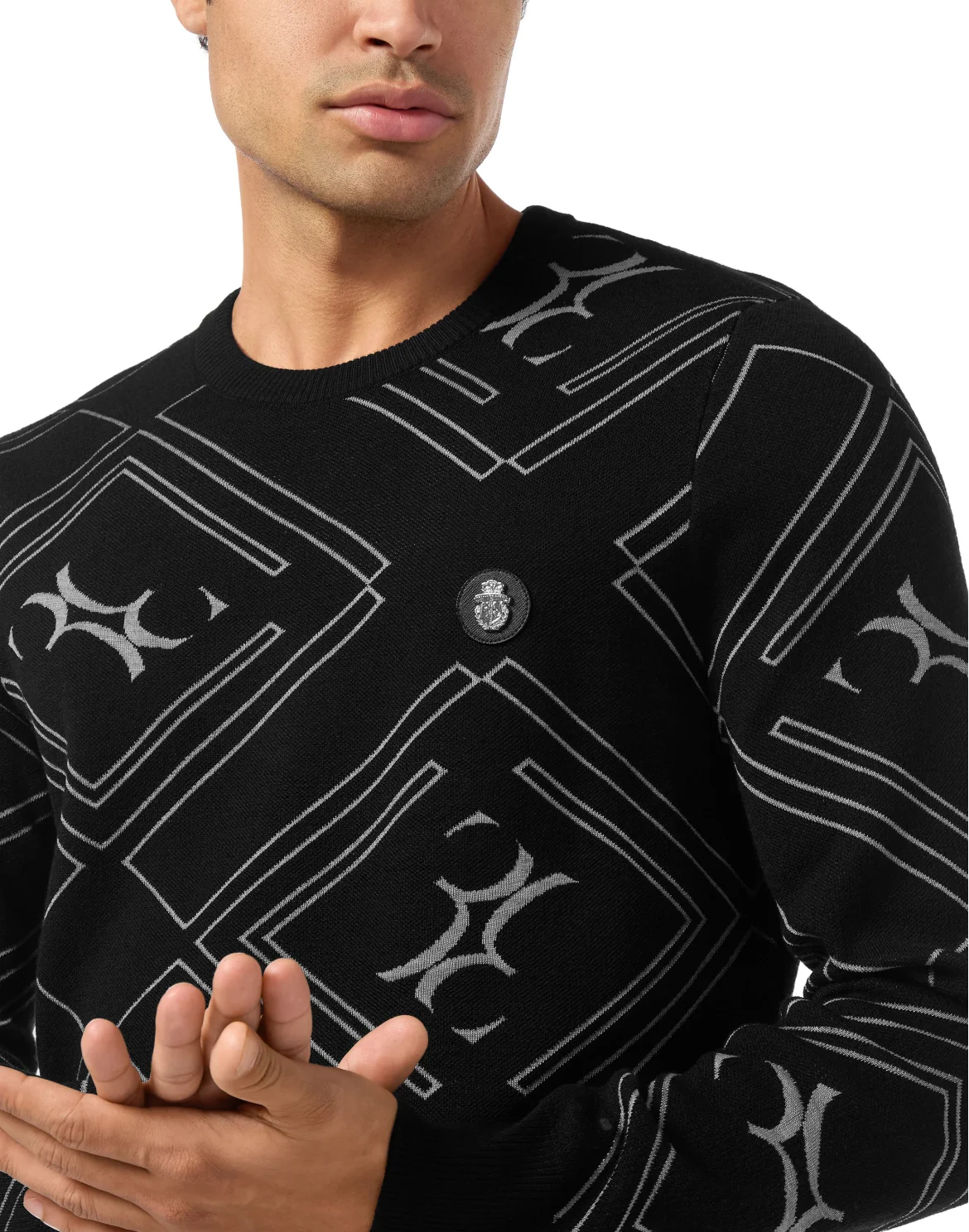 Wool Silk Round Neck Pullover Jacquard, цвет: Черный