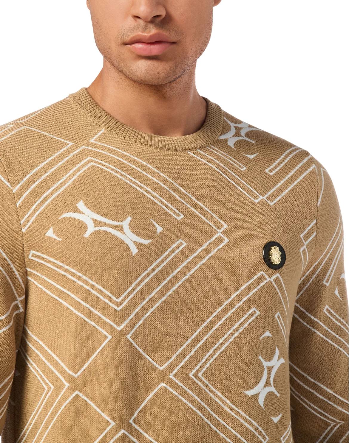 Wool Silk Round Neck Pullover Jacquard, цвет: Бежевый