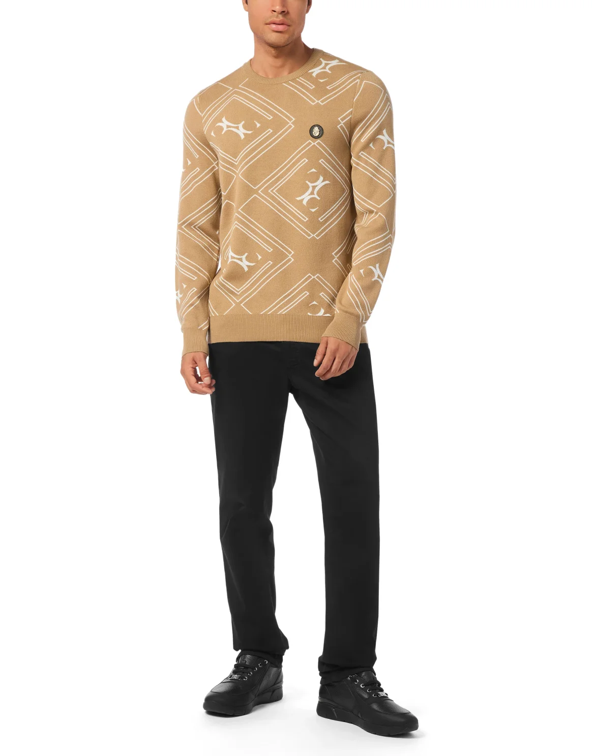Wool Silk Round Neck Pullover Jacquard, цвет: Бежевый