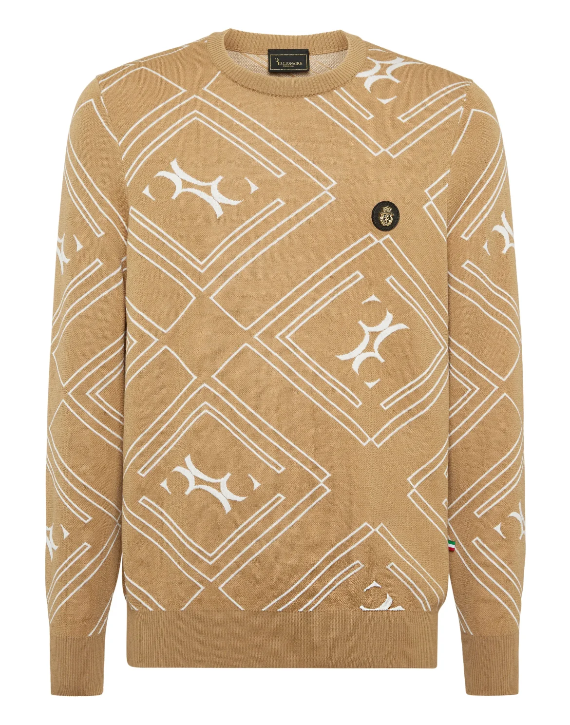 Wool Silk Round Neck Pullover Jacquard, цвет: Бежевый