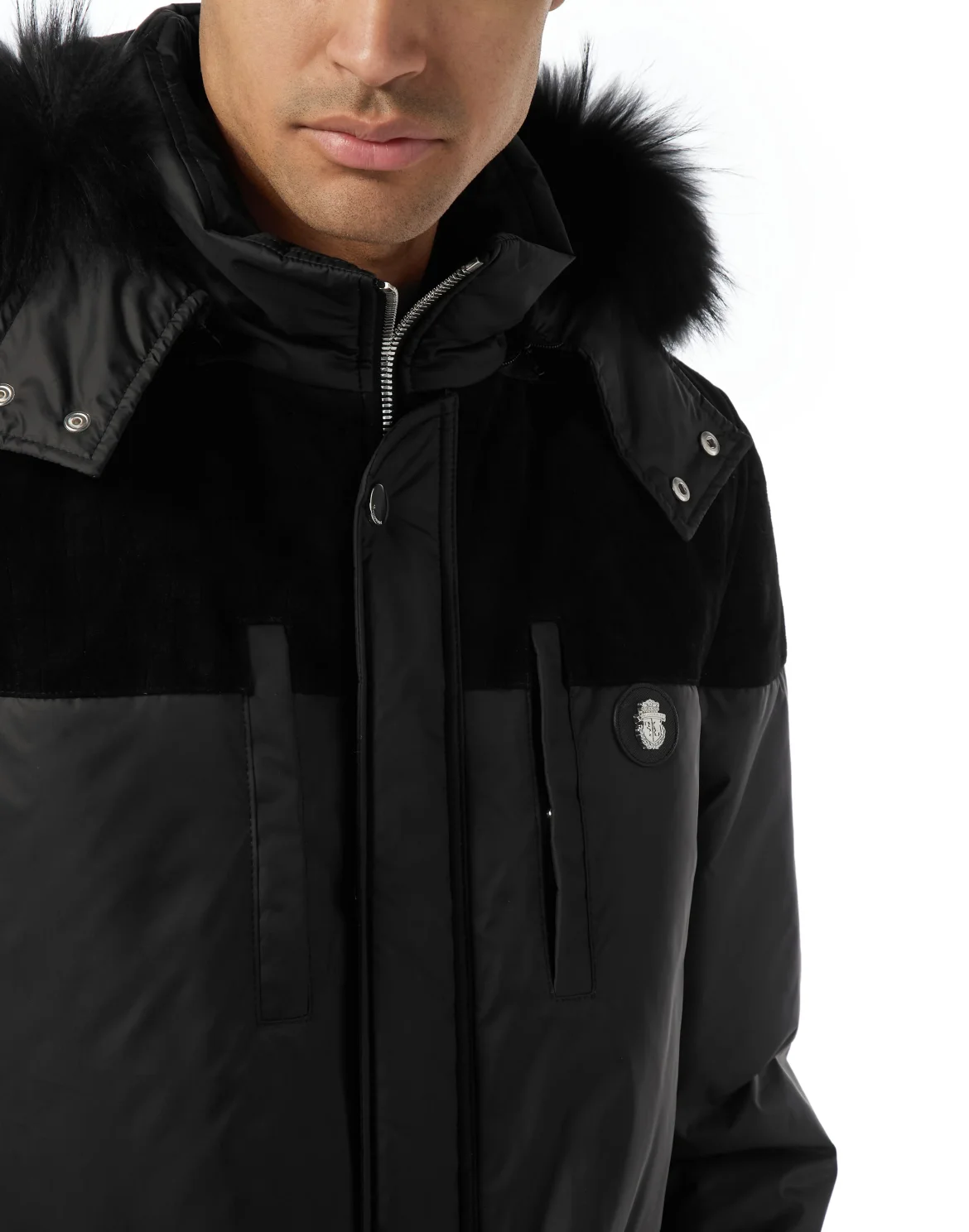 Parka Down Jacket with Leather Inserts, цвет: Черный