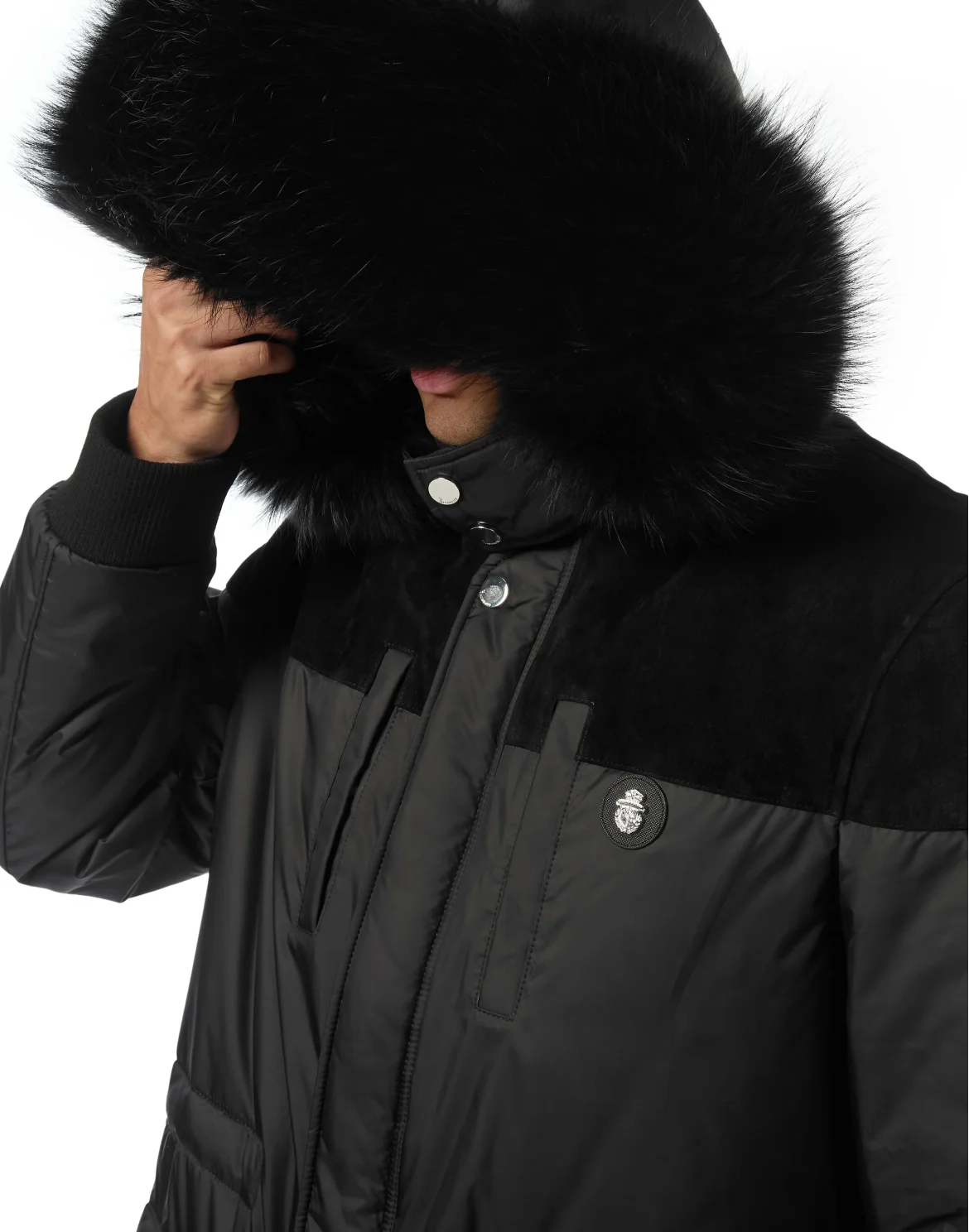 Parka Down Jacket with Leather Inserts, цвет: Черный