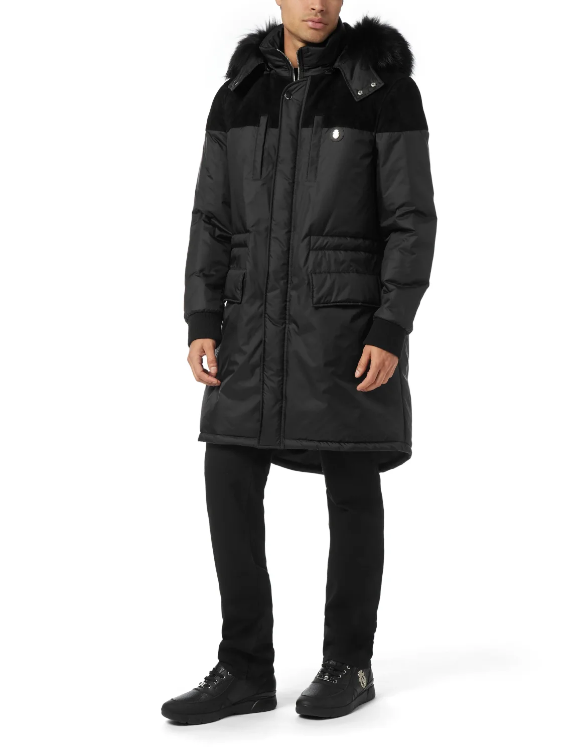Parka Down Jacket with Leather Inserts, цвет: Черный