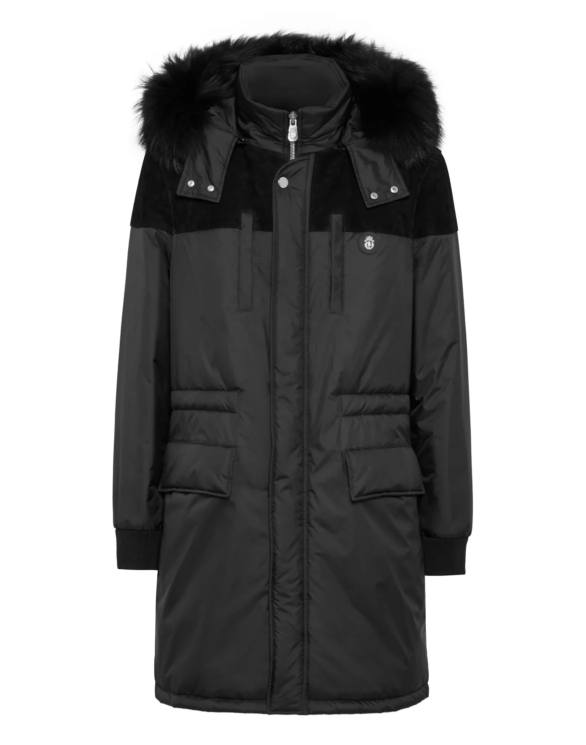 Parka Down Jacket with Leather Inserts, цвет: Черный