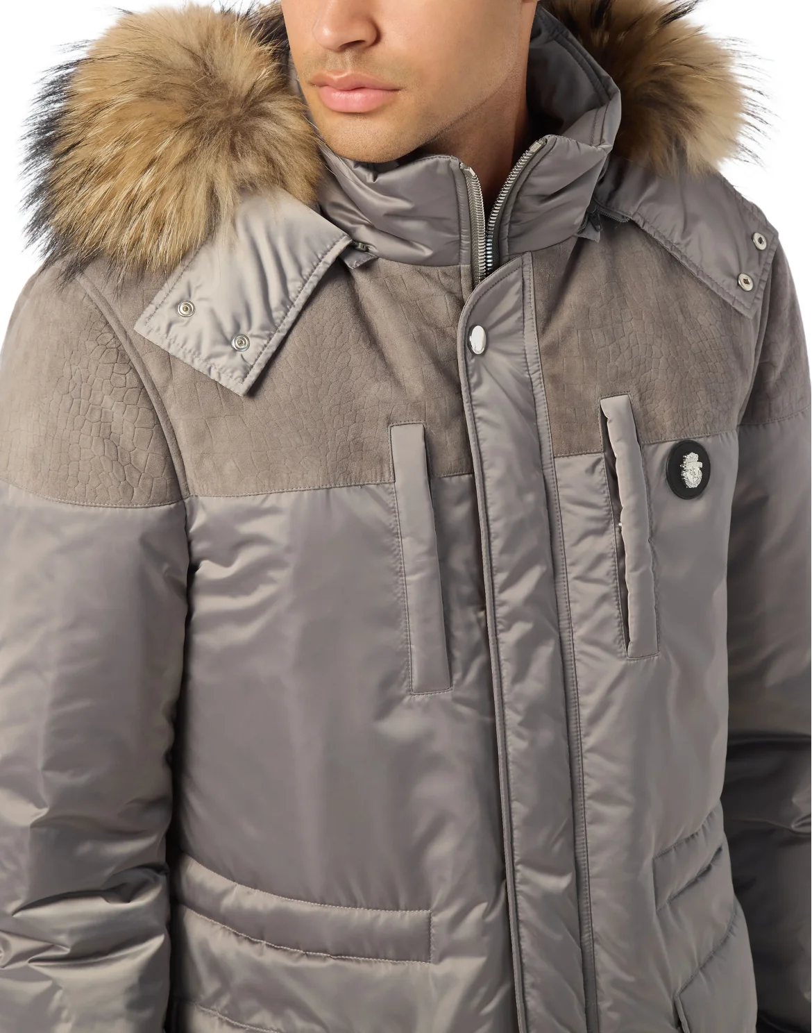 Parka Down Jacket with Leather Inserts, цвет: Серый