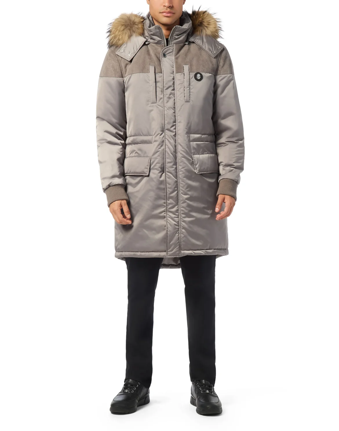 Parka Down Jacket with Leather Inserts, цвет: Серый