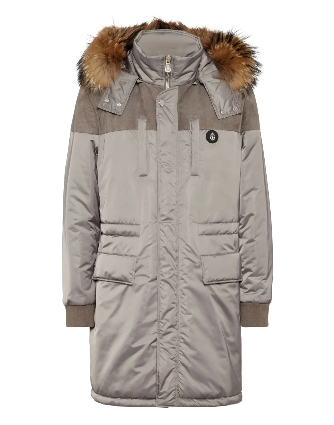 Parka Down Jacket with Leather Inserts, цвет: Серый