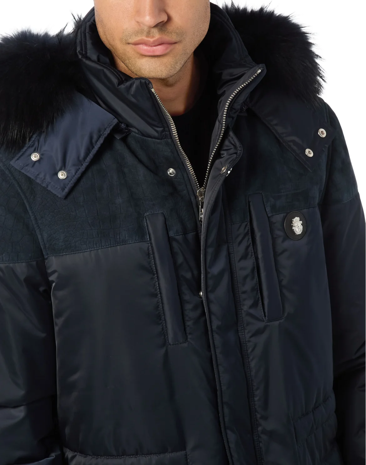Parka Down Jacket with Leather Inserts, цвет: Синий