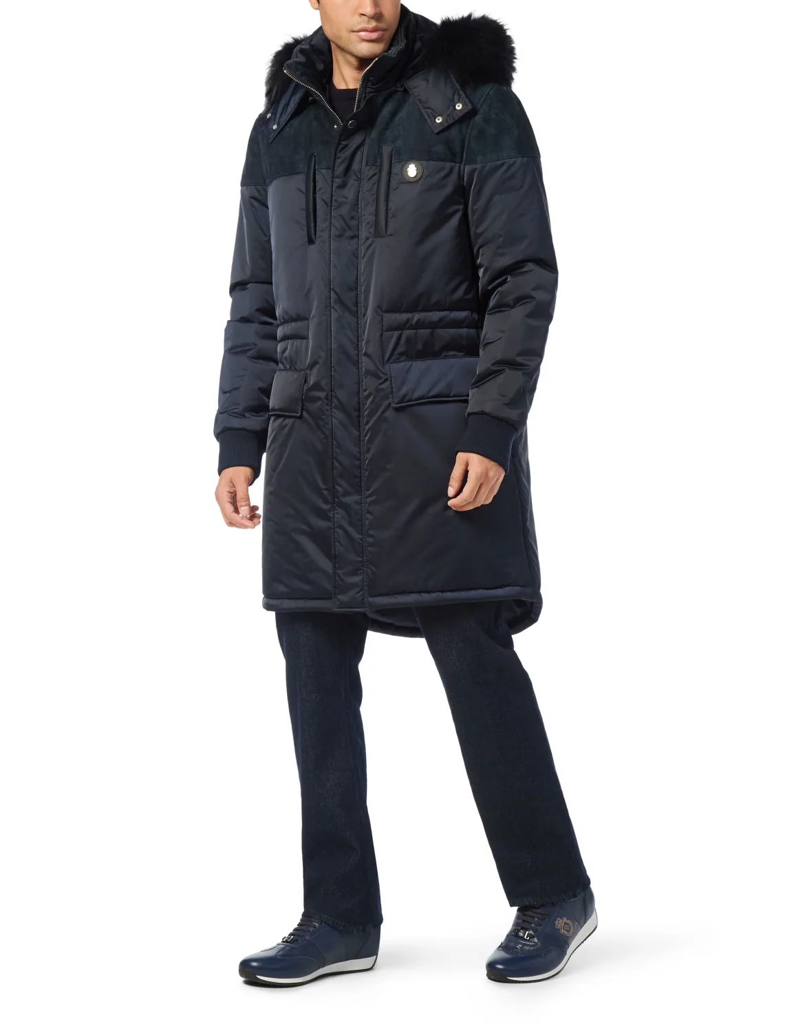 Parka Down Jacket with Leather Inserts, цвет: Синий