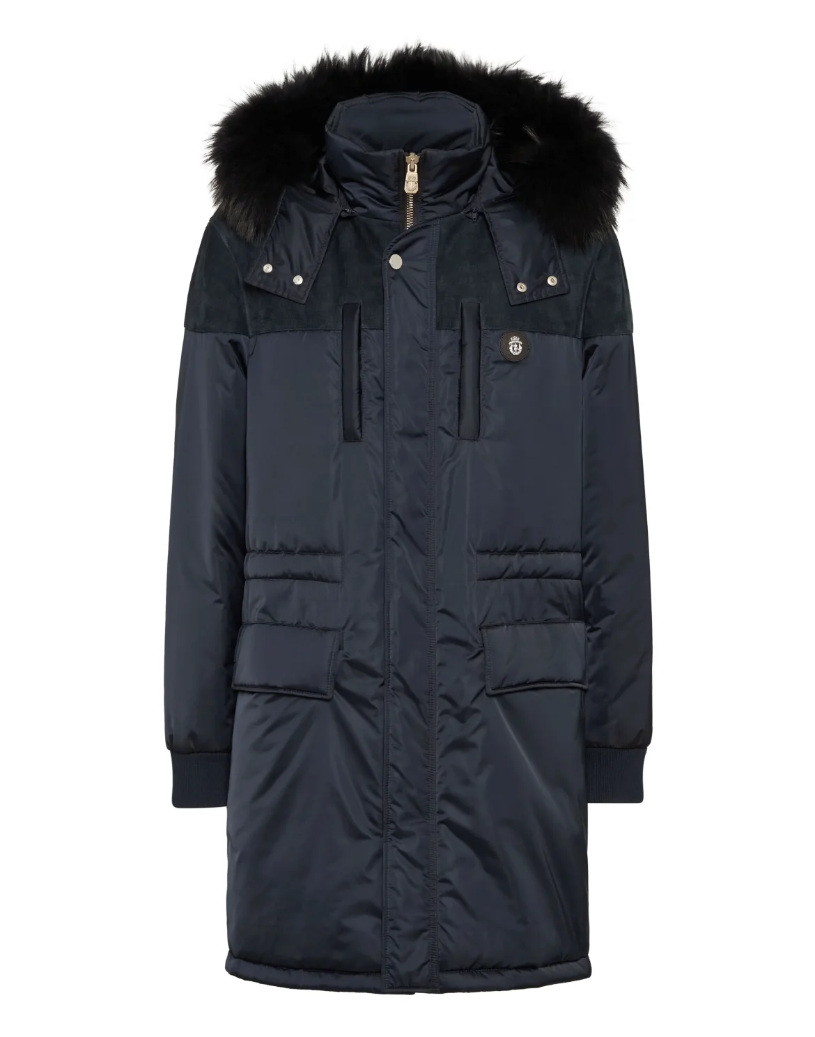 Parka Down Jacket with Leather Inserts, цвет: Синий