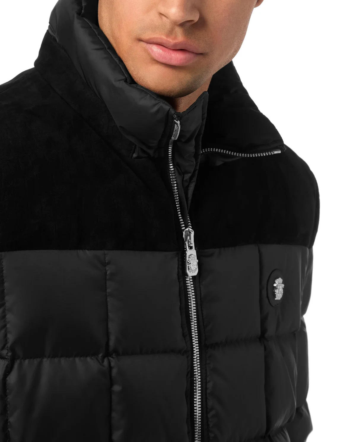 Puffer Down Jacket with Leather Inserts, цвет: Черный