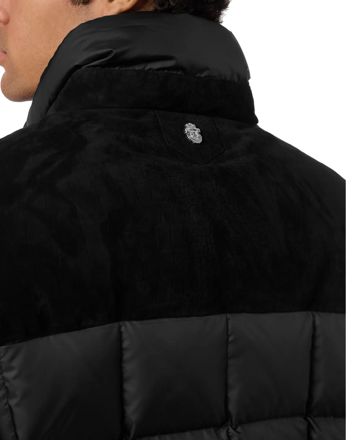 Puffer Down Jacket with Leather Inserts, цвет: Черный