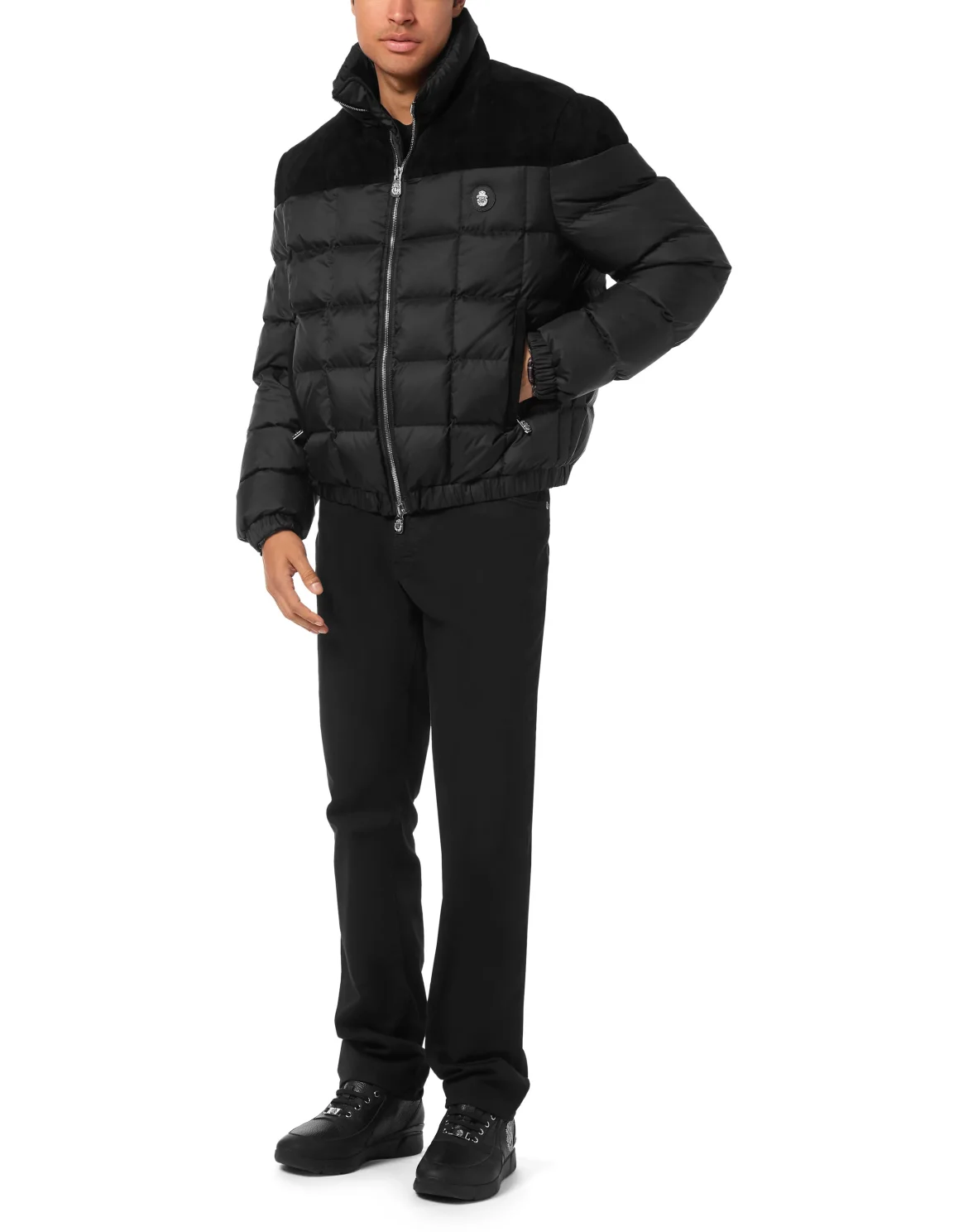 Puffer Down Jacket with Leather Inserts, цвет: Черный