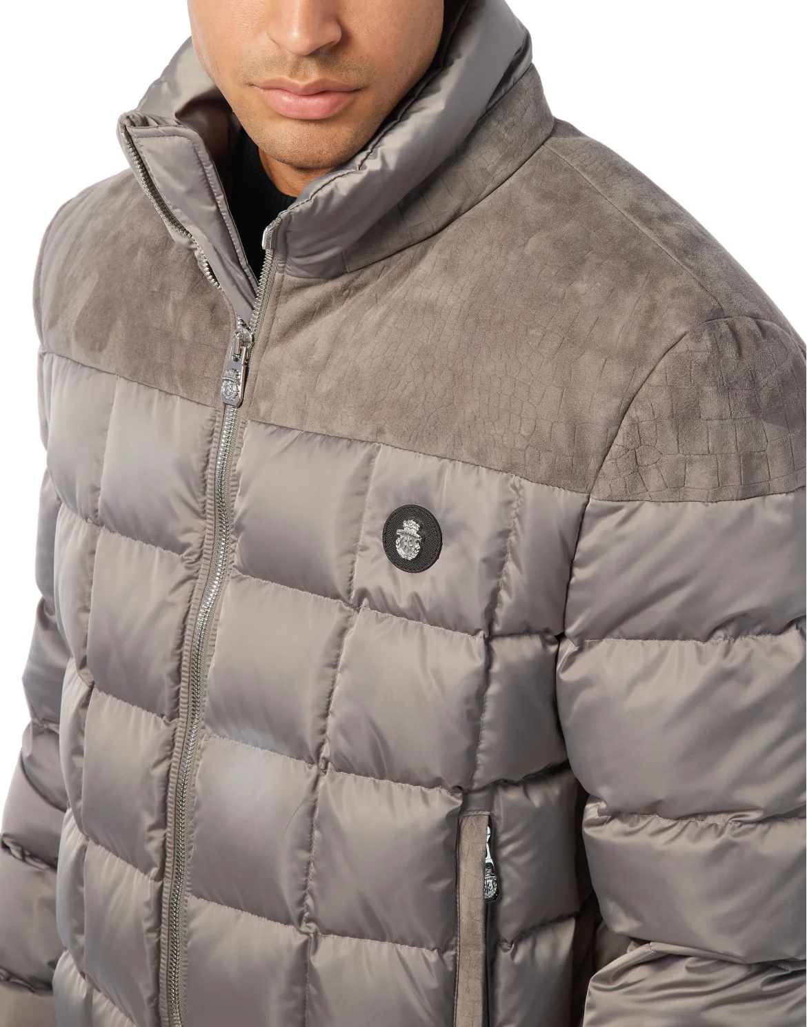 Puffer Down Jacket with Leather Inserts, цвет: Серый