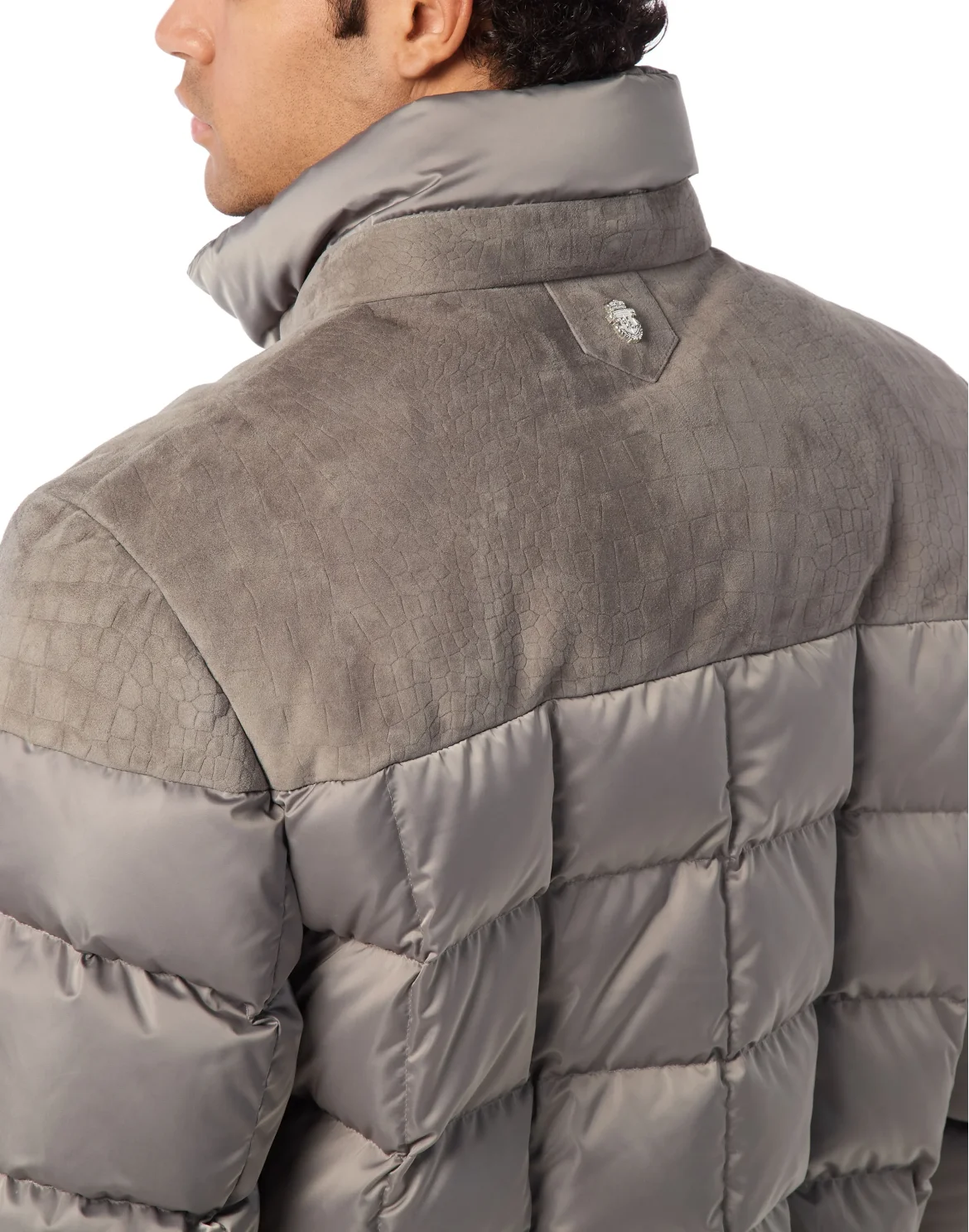 Puffer Down Jacket with Leather Inserts, цвет: Серый