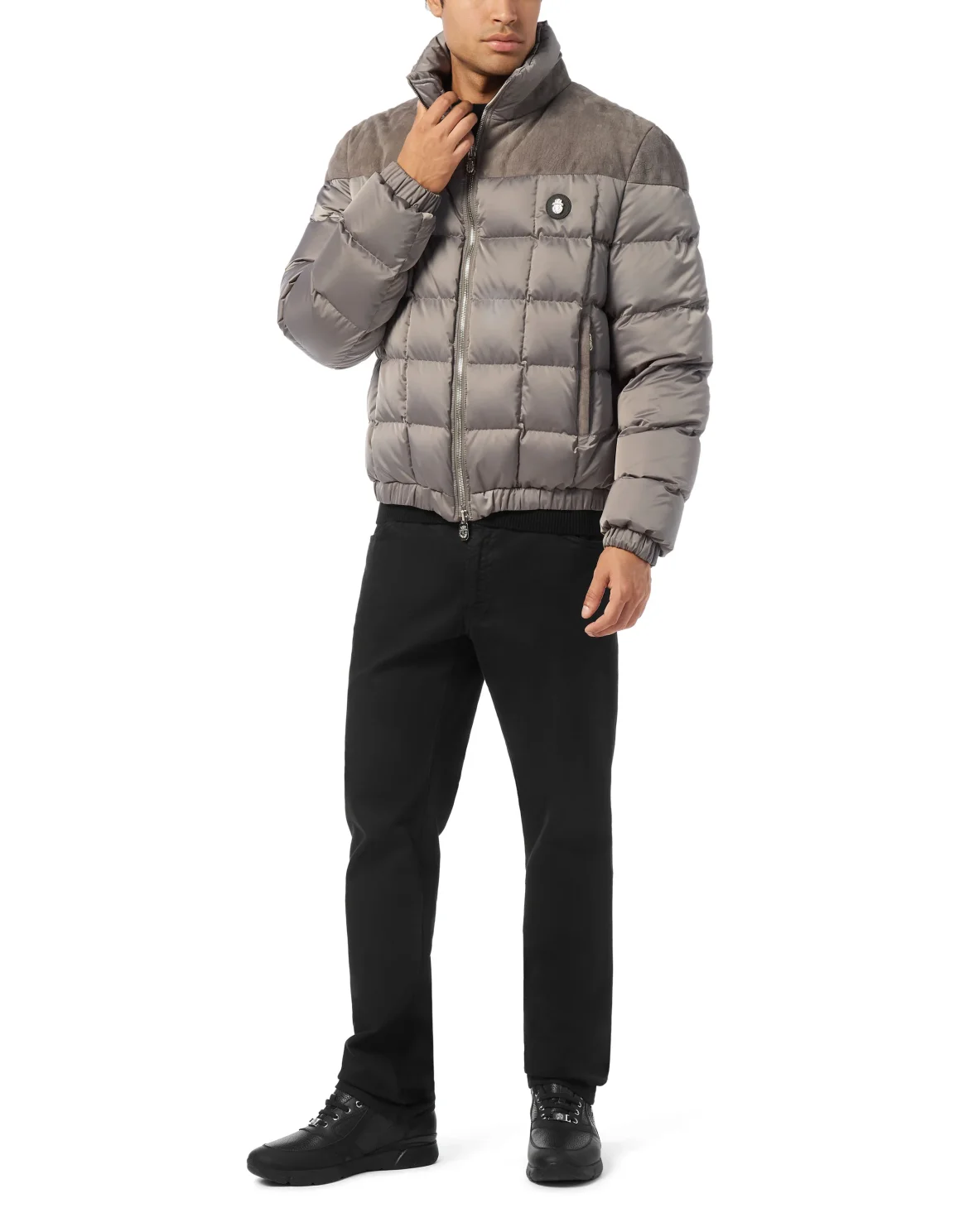 Puffer Down Jacket with Leather Inserts, цвет: Серый